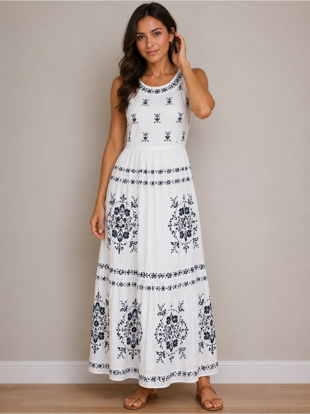 NWT Loft wavy embroidered medallion white navy maxi dress Sz S